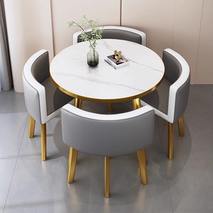 Juego de Comedor Redondo Moderno de Lujo Más Vendido, con Cubierta de Piedra, Diseño Estable Impermeable, 4 Sillas de Metal, Muebles para Comedor - Product Image 1