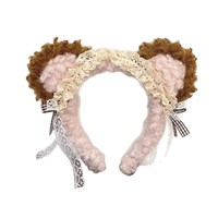 Niedliches handgemachtes Plüsch-Stirnband mit Bärenohren und Spitzenbogen – Süßes Haar-Accessoire für Damen zum Gesichtwaschen zu Hause, mit hoher Krone