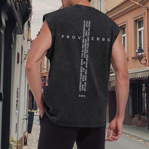 FOXA Gym Tank <b>Top</b> Men Vintage Bible Verse <b>Cross</b> Graphic Sleeveless Muscle Shirt Acid Wash 100% Cotton Breathable - Product Image 5