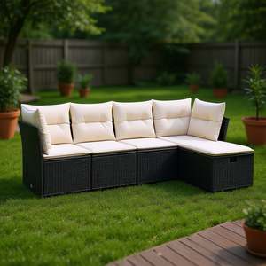 Cream White And Black <b>Rattan</b> Garden <b>Sofa</b> Set With Cushions Outdoor Furniture 4 Seater Contemporary Design - Product Image 2