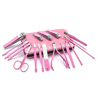 Kit de 18 pièces en acier inoxydable rose pour manucure et pédicure, portable, avec coupe-ongles, coupe-cuticules et pinces, pour visage, mains et orteils
