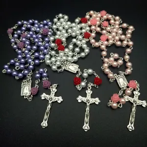 Runde Glas perle 8mm Perlen Edelstahl orthodoxe Kreuz Jesus Halskette Großhandel inri Religiöse Rosenkranz Katholische Halskette