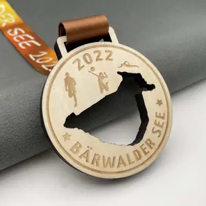 Factory Low Price Sale Marathon Running Swimming Volleyball Hollow Laser Engraving Wooden Medal Custom