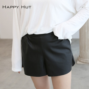 Shorts de Cuero Sintético PU Negro de Cintura Alta para Mujer Talla Grande N6601, Corte Regular, Tela Satén, Moda Otoño - Product Image 2