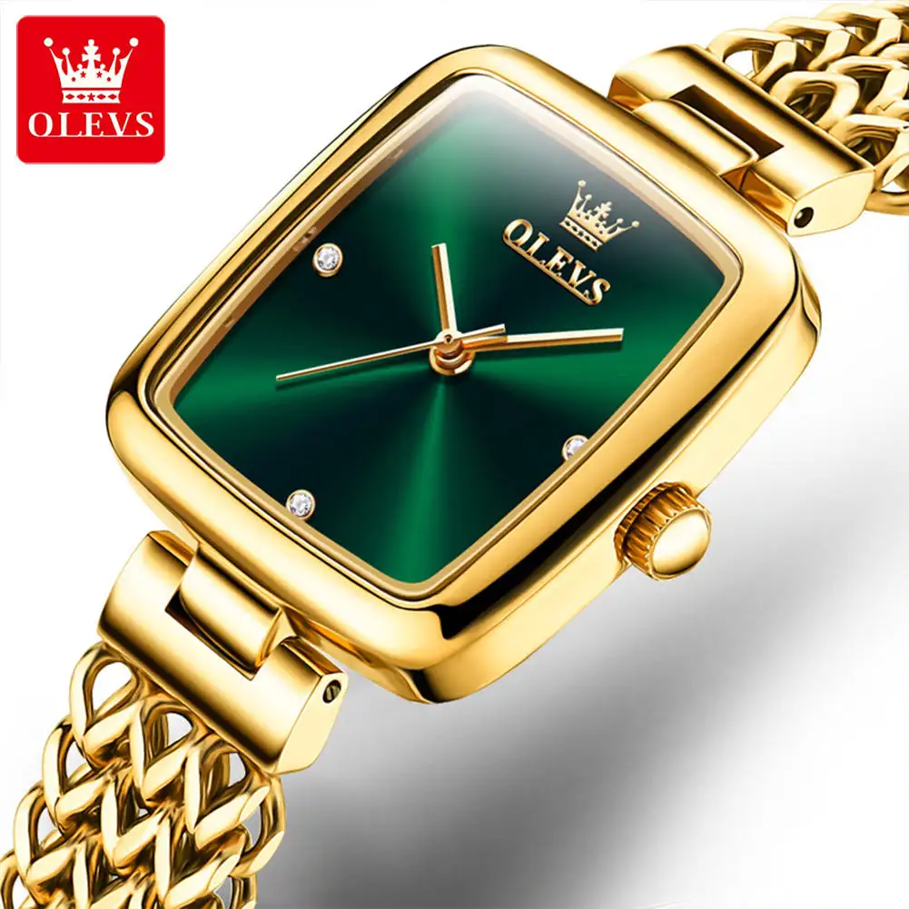 OLEVS orologi da polso da donna 9948 da donna con viso verde oro quadrato guarda orologi al quarzo di lusso