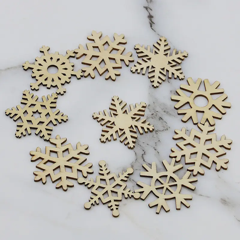 10pcs/pack) 45-50mm Assorted Wooden Snowflake Christmas Cutouts Craft Embellishment Gifts Wood Ornament Home Holiday DIY