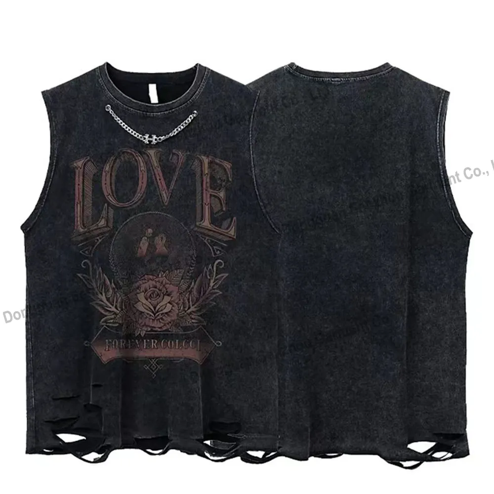 Summer Vests Men Acid Washed Retro Distressed Casual Loose Fit Tank Tops With Holdes Cut Hollow Graphic Tank Tops