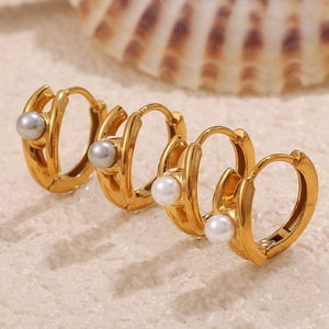 ต่างหูห่วงมุกเทียม ชุบทอง 18k ไทเทเนียมสตีล ทรงกลม ประดับขอบ สำหรับใส่ทุกวัน - Product Image 3