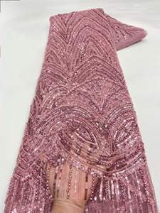 قماش دانتيل جديد من NI.AI بنمط مخطط مع لؤلؤ وترتر، قماش دانتيل قصير مزين بالخرز والترتر مع اللآلئ - Product Image 5