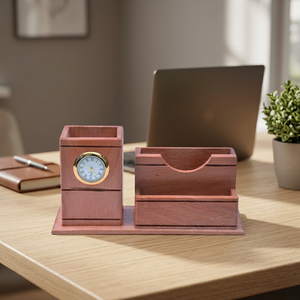 Organisateur de bureau en bois avec horloge et porte-stylo, rangement multifonctionnel pour activités promotionnelles - Product Image 3