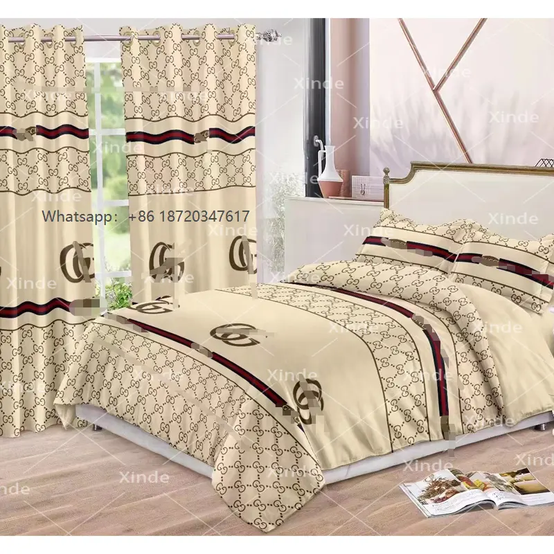 カスタマイズされた6ピースデザイナー寝具セット一致するカーテンキングサイズ在庫ベッドシーツセット寝室用低MOQ