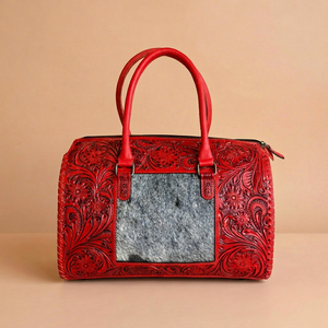 Red Embossed Leather <b>Duffel</b> <b>Bag</b> Floral Pattern Zipper Handled Travel Weekender Purse for Daily Use Durable Waterproof Polyester - Product Image 1