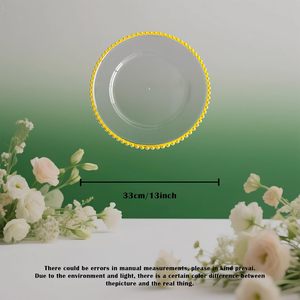 Assiette de présentation ronde en plastique transparent de 13 pouces avec bord doré et perles dorées pour décoration de mariage et dîner de fête - Product Image 4