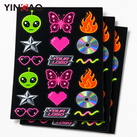 Feuille d'autocollants personnalisés découpés à la forme, effet néon brillant, motifs Alien, Papillon, Flamme, en vinyle imperméable, pour coques de téléphone, écouteurs et logos