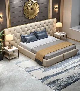 Foshan fabrika modern masif ahşap çerçeve döşemeli çift tam kraliçe kral kumaş yatak odası mobilyası yatak odası takımı