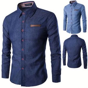 Chemise en jean décontractée à col en V et motif floral pour homme, coupe ajustée, manches longues, en denim de coton, idéale pour l'automne et le quotidien – Vente en gros - Product Image 4