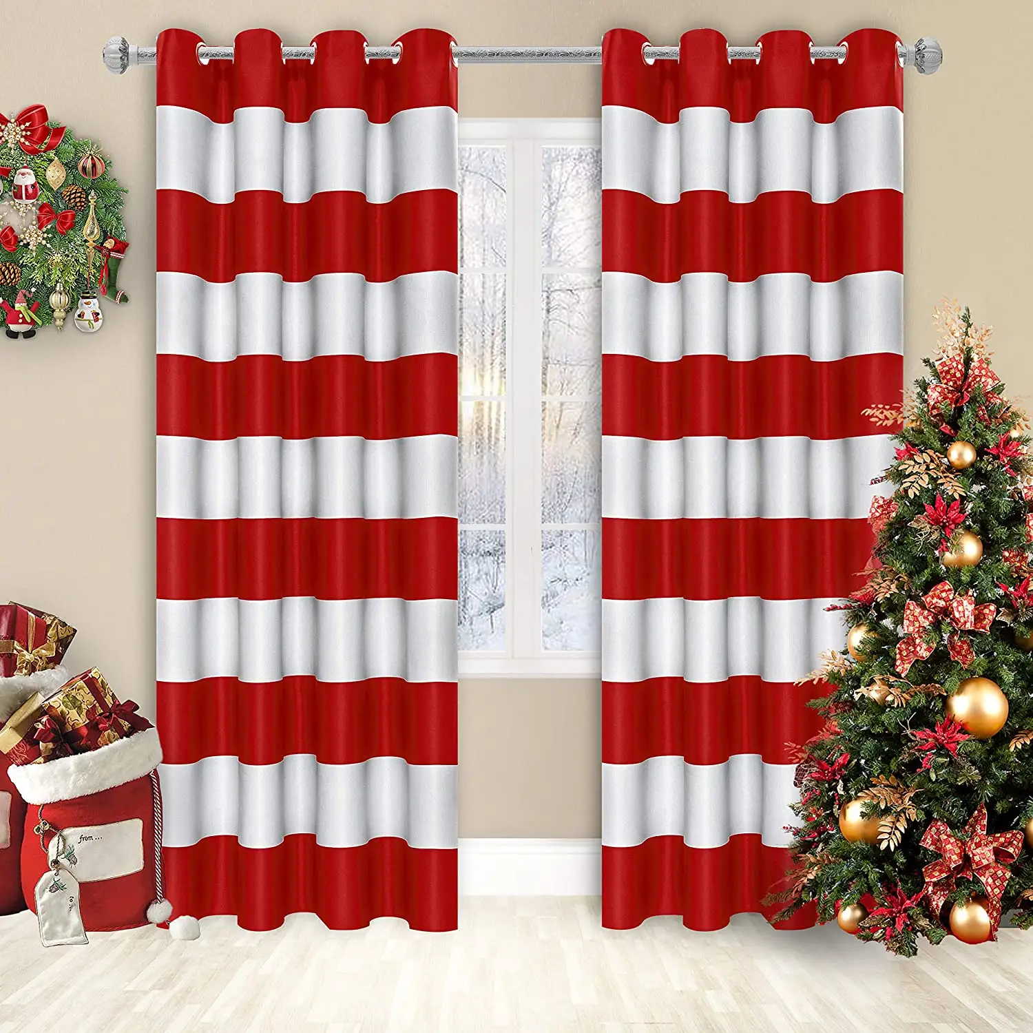 Merry Christmas Grommet Blackout Curtain Light Blocking Curtain Red Striped Curtain For Living Room Bedroom Cortinas