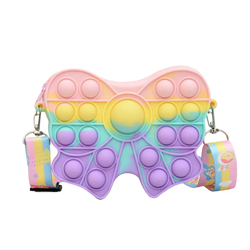 Sac à bandoulière personnalisé en forme de papillon couleur bonbon à bulles pop de décompression pour enfants sac à bandoulière étanche en silicone pour filles