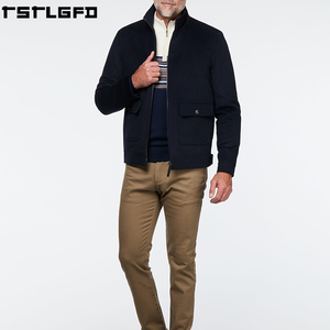 Cut And Sew Wool Blend <b>Jacket</b> <b>Men</b> Dark Brown Stand Collar Patch Pocket Windbreaker Streetwear Outerwear Manufacturers Bulk - Product Image 3