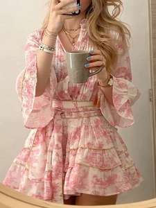Vestido Mini <span class=keywords><strong>Boho</strong></span> Floral Rosa para Mujer, Vestido con Mangas Abullonadas y Cintura Ajustada, Vestido Línea A, Vestido Romántico Francés para Vacaciones - Product Image 1