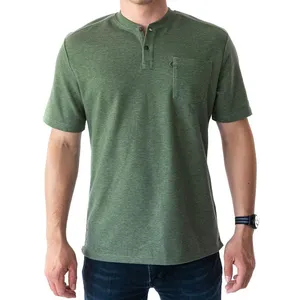 Fashionable Cotton Blend Chest Pocket With Sunglass Loop Men's Short Sleeves Henley Tee Shirt