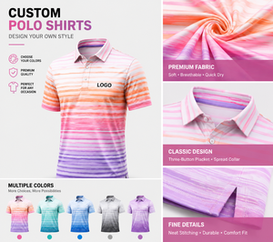 Custom Logo Gradient Golf <b>Polo</b> Shirts for Men Pink <b>Orange</b> Ombre Stripe Print Short Sleeve Private Label OEM ODM Manufacturer - Product Image 3