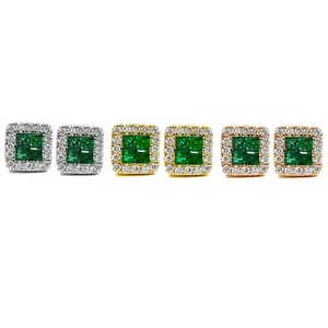 Luxurious 18K <b>White</b> Gold Emerald Stud Earrings Classic Wedding Square Quad Cluster Claw Setting Diamond Halo Self-Reward Luxury - Product Image 4