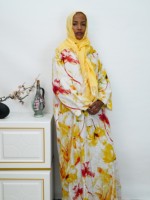 Prêt à expédier – Nouvelle robe Abaya ample et modeste pour femme, col en V, motif floral aquarelle, grande taille, livraison rapide en 7 jours