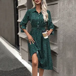 Moda Mulheres Roupas New Arrivals Mulheres Imprimir Roll Tab Sleeve Belted Shirt Dress