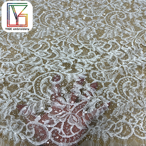 ホワイトビーズ付きシャンティーフランスレース生地 エレガントなまつげブライダルレース スパンコールチュール刺繍レース生地 結婚式用 - Product Image 2