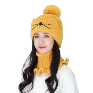 2020 yeni sevimli kedi tasarım iki adet sıcak örgü kış bere şapka eşarp seti