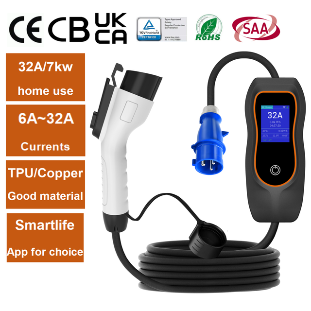 5m Type 1 EV Charger Station 32A 7kw Electric Vehicle Charger with App Control CEE Power Plug