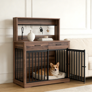 Hundezwinger-Möbel Robuster Haustierzwinger mit <span class=keywords><strong>2</strong></span> Schubladen und Regalen Indoor-Hundezwinger mit Beistelltisch Kostenloser Versand in die USA - Product Image 1