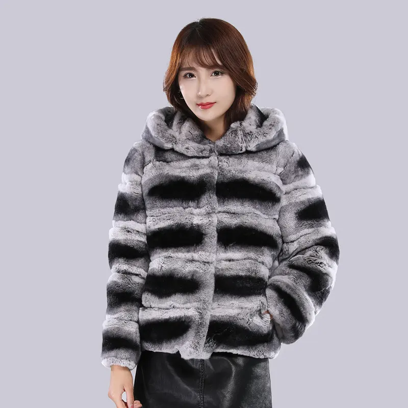 Roupas De Luxo Mulheres Inverno Curto Casaco Com Capuz Real Chinchilla Rex Rabbit Fur Jacket