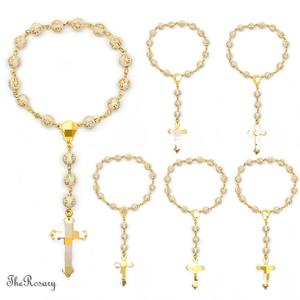 Bracelet chapelet imitation perles, croix en or blanc, bijoux unisexe, cadeau pour baptême - Product Image 1
