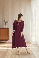 Robe longue noire en coton et lin pour femme, manches courtes, unie, teinte, style minimaliste, avec poches, collection printemps, fournisseur et fabricant B2B en gros