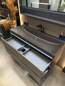 Hotel style seamless rock slab integrated basin intelligent folding mirror <b>cabinet</b> <b>wall</b> <b>mounted</b> bathroom <b>cabinet</b> - Product Image 4