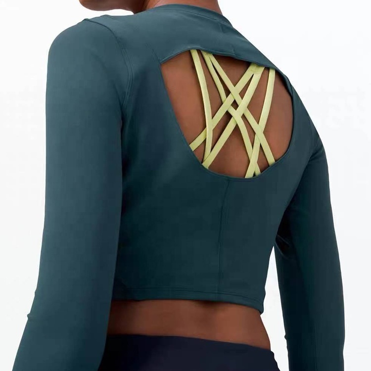 Hollow Back Design High Elastic Sportswear Tight Ladies Women Yoga Long-sleeved T-shirt