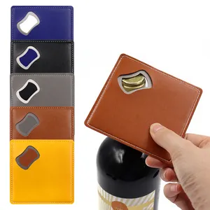 Hot-selling Square PU Leather Bottle Opener Bar Tool Custom Portable Coasters Wedding Gift Stainless Steel