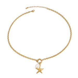 Collar de Acero Inoxidable con Baño de Oro de 18K Estilo Oceánico Europeo y Americano, con Colgante de Estrella de Mar y Perla de Agua Dulce - Product Image 1