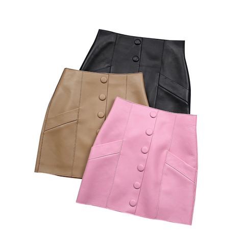 1325 Real Sheepskin Tight Mini Pencil Skirt for Young Lady High Waist Genuine Leather Short Skirt