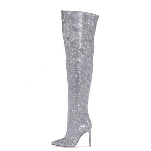 Bling Super Wide Top Women Over Knee High <b>Boots</b> Pointed Toe Shoes Long Booties Stilettos Full Diamonds High Heels - Product Image 6