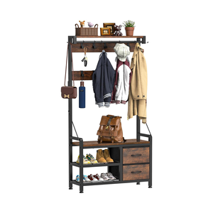 <span class=keywords><strong>Modern</strong></span> rustik kahverengi ve siyah ahşap 4-in-1 ceket ayakkabı raf Hall ağacı fabrika toptan için ön kapı giriş ceket standları - Product Image 6