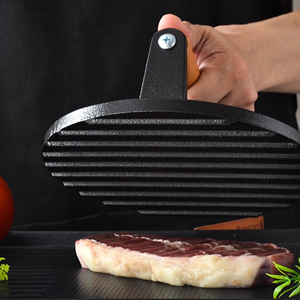 Prensa para carne de hierro fundido de alta resistencia, antiadherente, de base plana, redonda y rectangular, para carne, bistec, tocino y Smash Burger, con mango de madera - Product Image 5