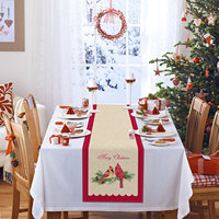 Chemins de table rouges de Noël à motif cardinal, poinsettia, branche de pin et pomme de pin pour la décoration de la table de cuisine, de la salle à manger et des fêtes à la maison