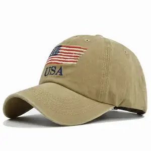 Toptan abd bayrağı yıkanmış pamuk şapka işlemeli % beyzbol şapkası pamuk baba şapka yüksek kaliteli pamuk güneş şapkası abd bayrağı beyzbol şapkası