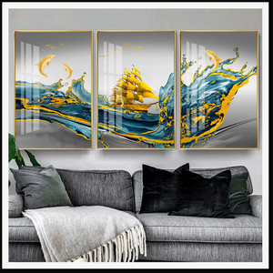 Quadro in Alluminio a Tre Pannelli con Barca a <span class=keywords><strong>Vela</strong></span> Dorata e Delfino, Paesaggio Marino per Soggiorno, <span class=keywords><strong>Hotel</strong></span>, Resort e Interni Costieri - Product Image 6