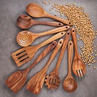 Ensemble de 9 ustensiles de cuisine en bois de teck durable, écologiques, 100% naturels, antiadhésifs
