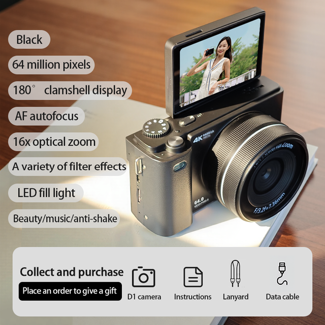 D1 Professional 4K UHD Selfie Camera 180 Flip Screen 64MP AF 16X Zoom Retro Compact Video Recorder for Photography Beginners