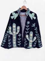 Veste Bomber d'Hiver en Velours de Luxe Suzani Kimono Ouzbek Séchage Rapide Respirant Col en V Fait Main Ethnique Vêtement d'extérieur Cadeau pour Elle Export B2B